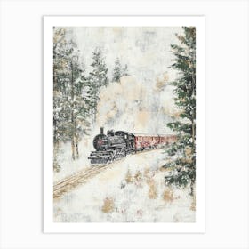 Train in the Winter Forest. Vintage Oil Painting Art Print