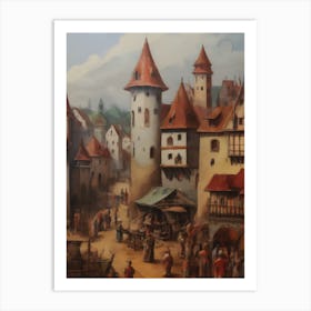 Vintage Castle & Village Fair Oil Painting Art Print