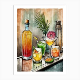 Watercolor Cocktail Bar Illustration Art Print