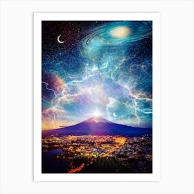 Mount Fuji Space Lightning And Galaxy Art Print