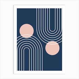 Mid Century Modern Geometric B6 In Navy Blue And Pastel Pink (Rainbow And Sun Abstract) 01 Art Print