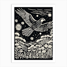 B&W Bird Linocut Harrier 3 Art Print