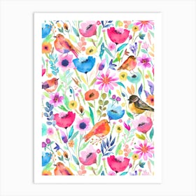 Hidden Whimsical Meadow Birds Color Art Print
