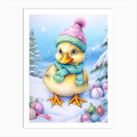 Cute Christmas Pencil Illustration Duckling 1 Art Print
