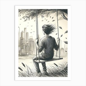 Moody Man on Swing Sketch 8 Art Print