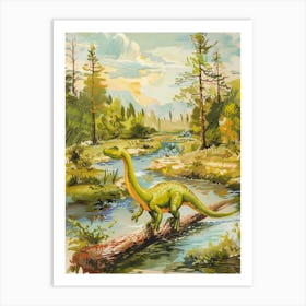 Storybook Style Dinosaur Crossing The River With A Log Painting 2 Art Print