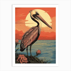 Vintage Bird Linocut Brown Pelican 3 Art Print