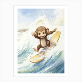 Monkey Painting Surfing Watercolour 2 Art Print