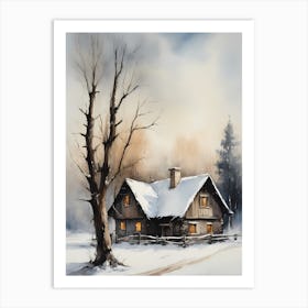 Rustic Winter Oil Painting Vintage Cottage (11) Art Print