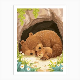Brown Bear Family Sleeping In A Cave Storybook Illustration 1 Art Print
