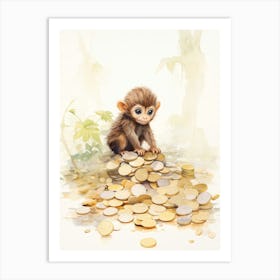 Monkey Painting Collecting Coins Watercolour 4 Art Print