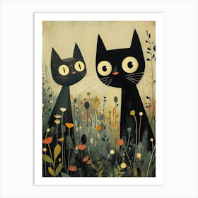 Two Black Cats In The Meadow Art Print