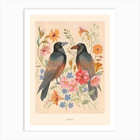 Folksy Floral Animal Drawing Raven 6 Poster Art Print