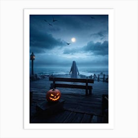 Halloween Themed Coastal Landscape During Dusk Featuring A Jack O Lantern With A Glowing Eye Perched (1) Art Print