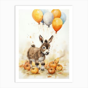 Donkey Flying With Autumn Fall Pumpkins And Balloons Watercolour Nursery 3 Art Print