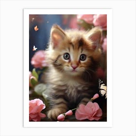 Cute Kitten In Pink Flowers Art Print