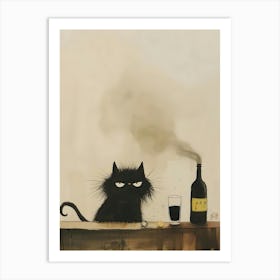 Black Cat With A Bottle Of Wine Art Print