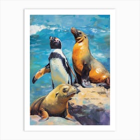 Galapagos Penguin Sea Lion Island Colour Block Painting 7 Art Print