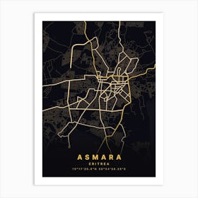 Asmara Eritrea Black And Gold Map Art Print