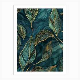 Gold Leaves On A Blue Background Art Print