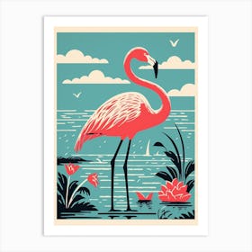 Vintage Bird Linocut Greater Flamingo 5 Art Print