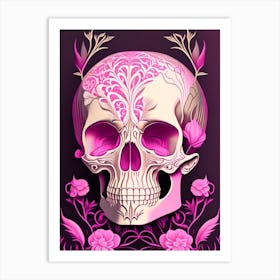 Skull With Surrealistic Elements 4 Pink Line Drawing Art Print