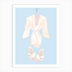 Robe And Slippers of bride with baby blue background wallart printable Art Print