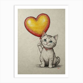 Cat Holding A Heart Balloon Art Print