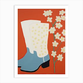 A Painting Of Cowboy Boots With White Flowers, Pop Art Style 5 Art Print