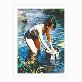 Woman Washing In River Art Print