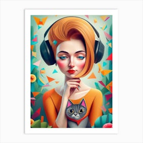 Girl Listening To Music With Cat Art Print