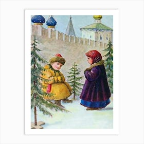 Boy And Girl With Christmas Trees Under Kremlin Walls, Russian Vintage Holiday Poster Art Print