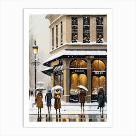 Paris cafes, winter season, Christmas, autumn oil colors, pale colors, pedestrians in the street, winter clothes, falling snow.Christmas decorations.10 1 Art Print