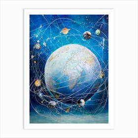 Abstract Digital Painting Featuring An Interconnected Web Of Telecom Cables And Satellites Symbolizi (3) Art Print