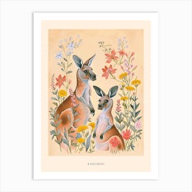 Folksy Floral Animal Drawing Kangaroo 4 Poster Art Print