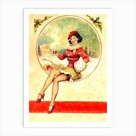 Pinup Girl With Warm Chocolate And Lots Of Presents Art Print