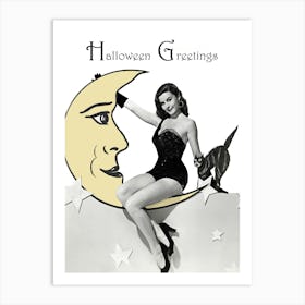 Sexy Pinup Girl Sitting On A Moon With Her Black Cat Art Print