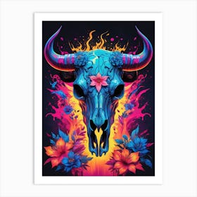 Floral Bull Skull Neon Iridescent Painting (3) Art Print