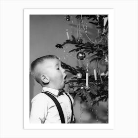 Boy With A Christmas Tree, Blowing Out Candle, Vintage Black and White Old Photo Art Print