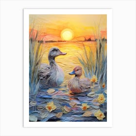 Sunset Ducks Mixed Media Collage 4 Art Print