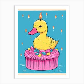 Birthday Duckling Blue Modern Illustration 4 Art Print