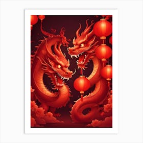 Two Red Dragons With Lanterns Art Print