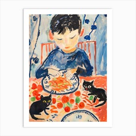 Portrait Of A Boy With Cats Having Pasta 3 Art Print