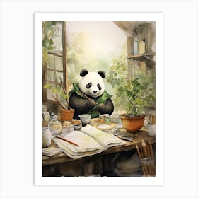 Panda Art Doing Calligraphy Watercolour 2 Art Print