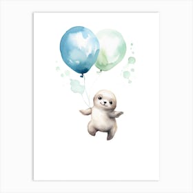 Baby Dolphin Flying With Ballons, Watercolour Nursery Art 3 Art Print