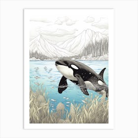 Blue Neutral Tones And Line Drawing Of Orca Whale Art Print