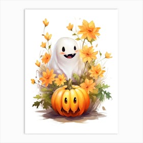 Cute Ghost With Pumpkins Halloween Watercolour 149 Art Print