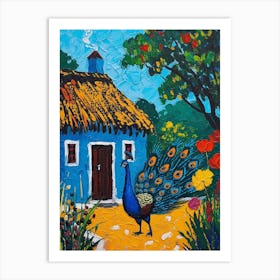 Peacock By A Thatched Cottage Textured Painting 1 Art Print