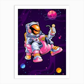 Relaxing astronaut in space — space poster, synthwave space, neon space, aesthetic poster Art Print