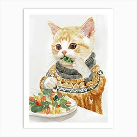 White Tan Cat Eating Salad Folk Illustration 4 Art Print
